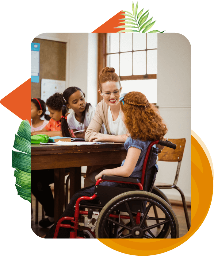 A young white female teacher with glasses smiling at a middle-school age female student in a wheelchair